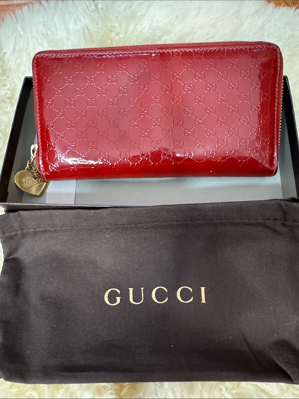 Gucci Glossy Red Patent GG-Embossed Zip Wallet with Heart Charm